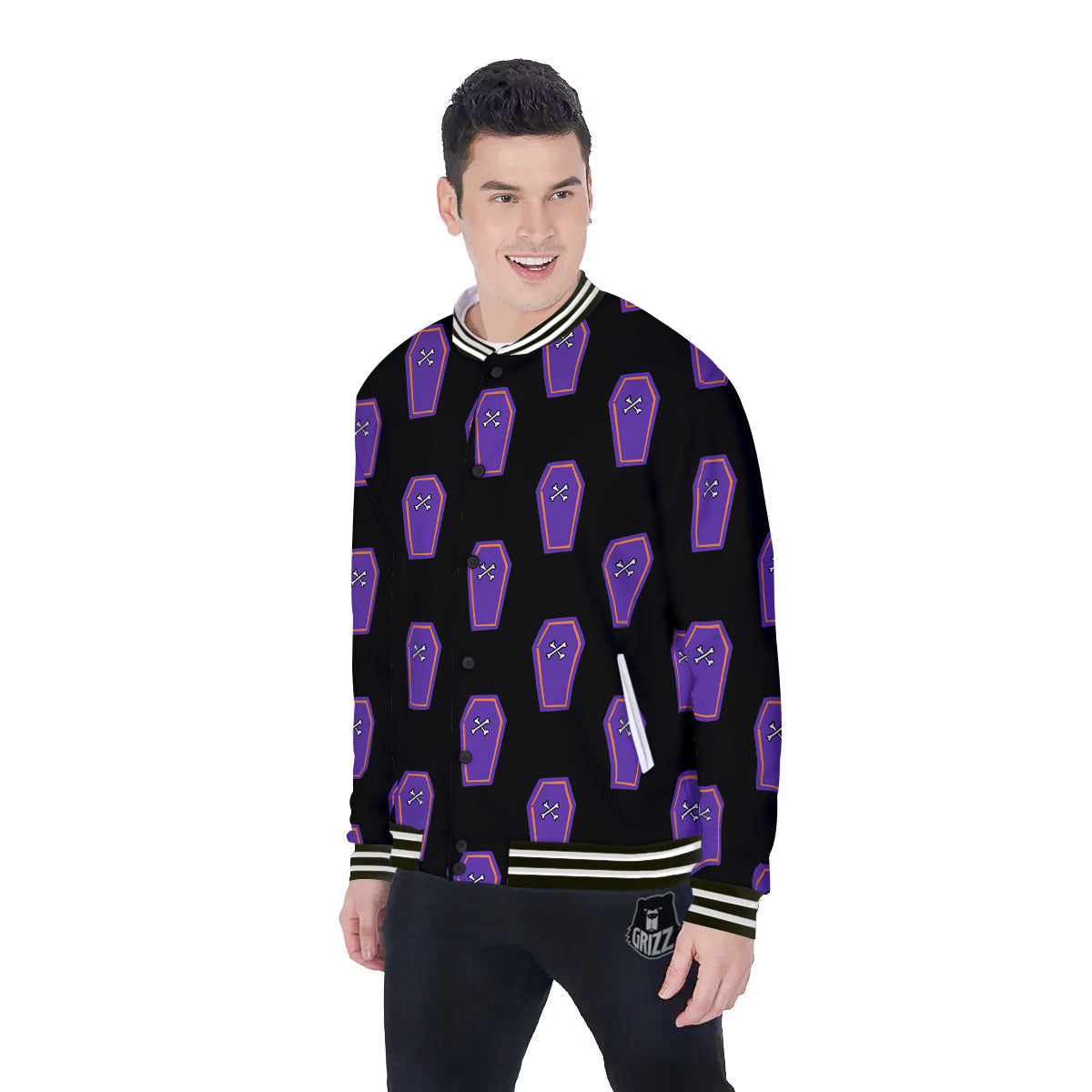 Halloween Coffin Purple Print Pattern Baseball Jacket-grizzshop