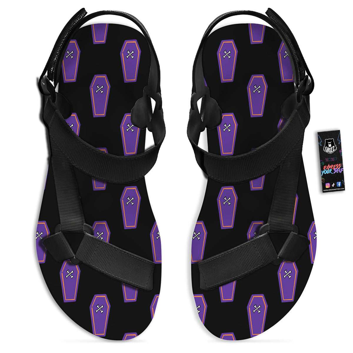 Halloween Coffin Purple Print Pattern Black Open Toe Sandals-grizzshop