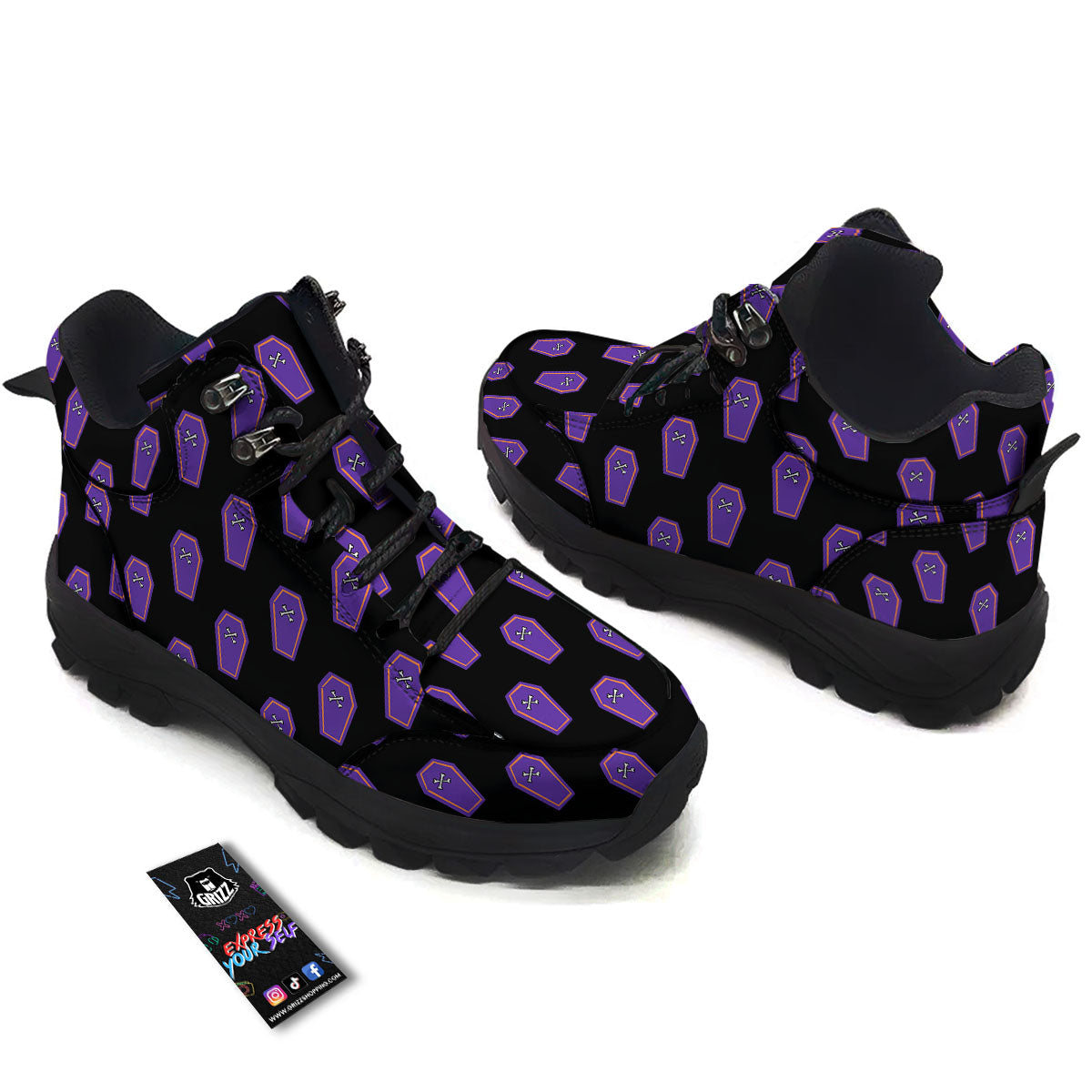 Halloween Coffin Purple Print Pattern Hiking Shoes-grizzshop
