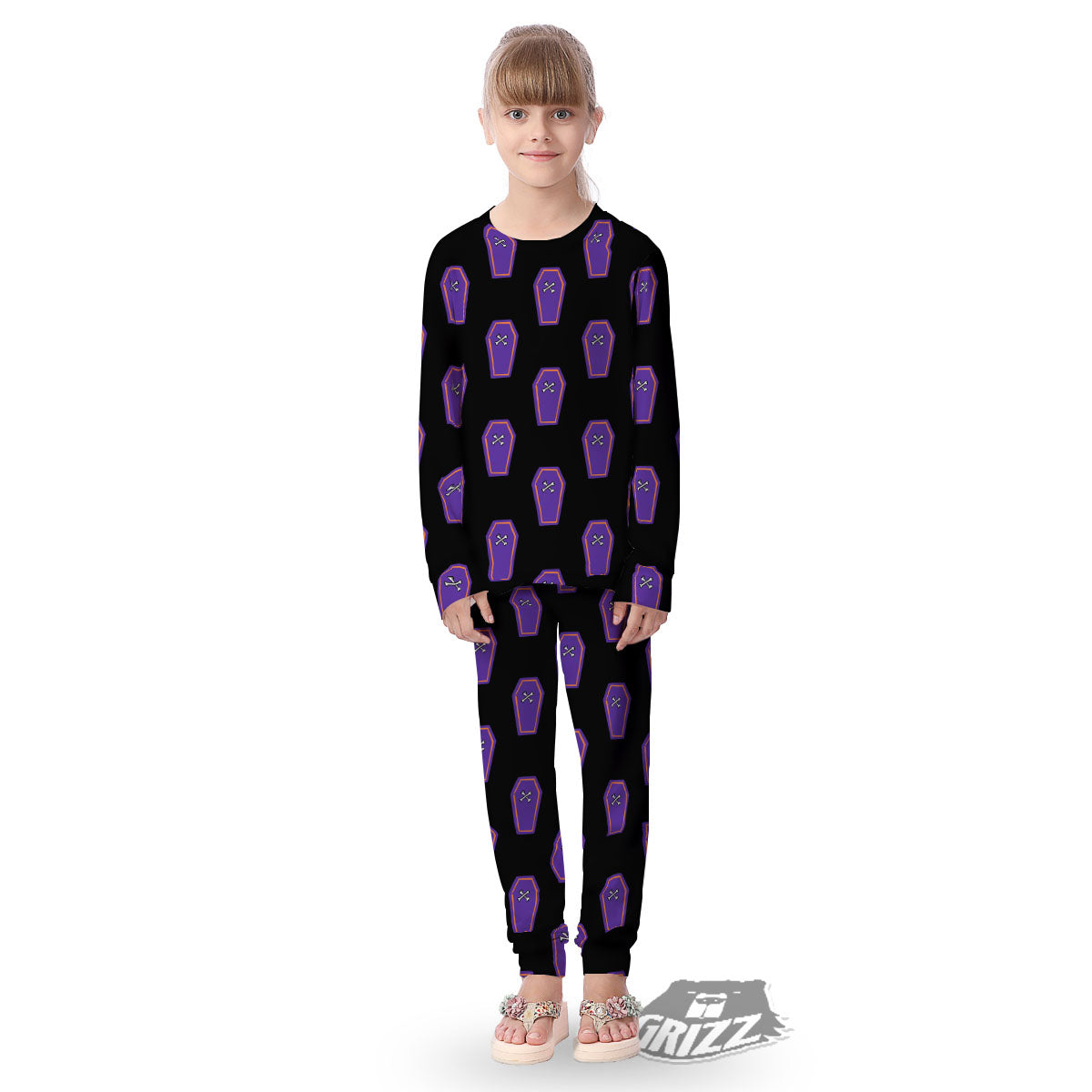 Halloween Coffin Purple Print Pattern Kid's Pajamas-grizzshop