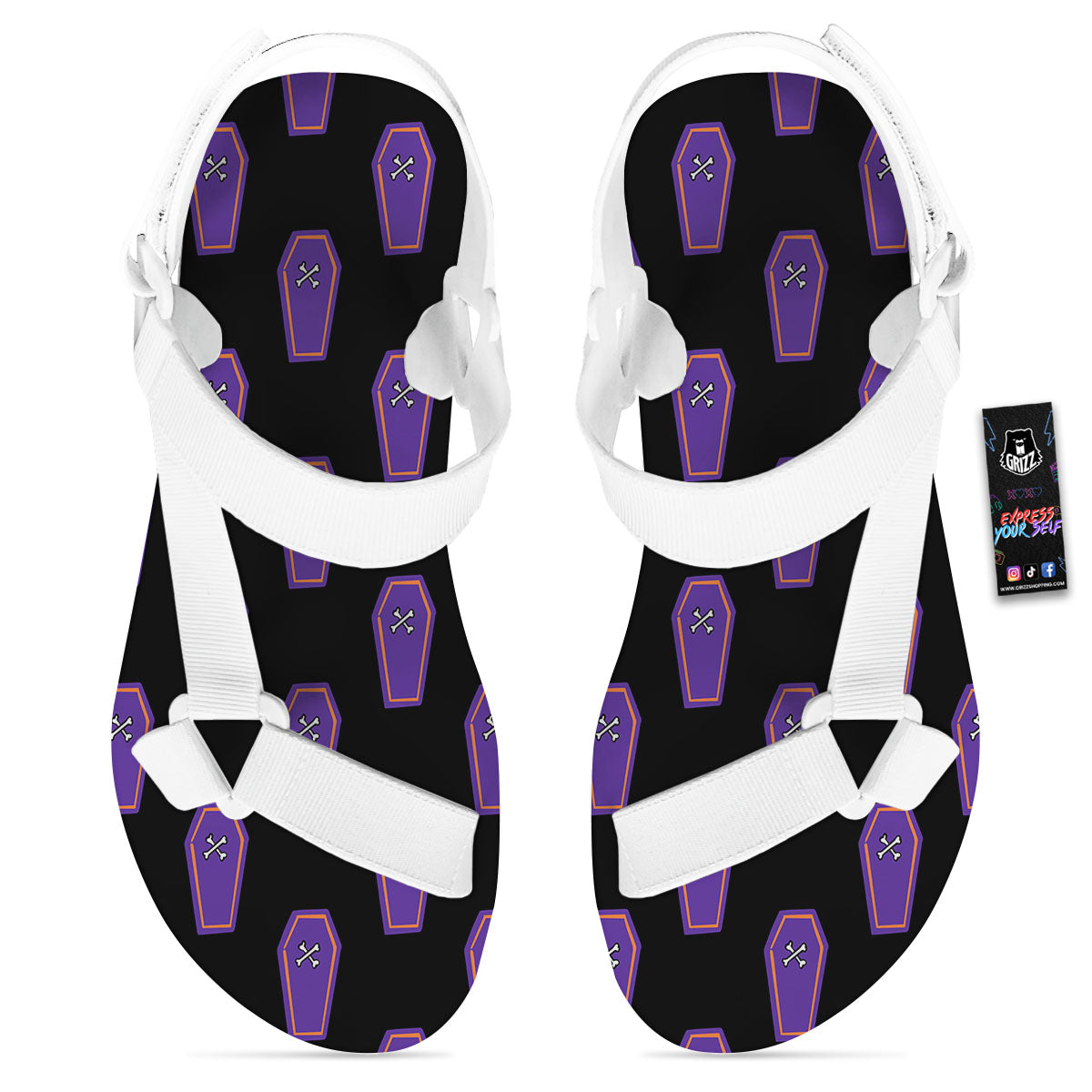 Halloween Coffin Purple Print Pattern White Open Toe Sandals-grizzshop