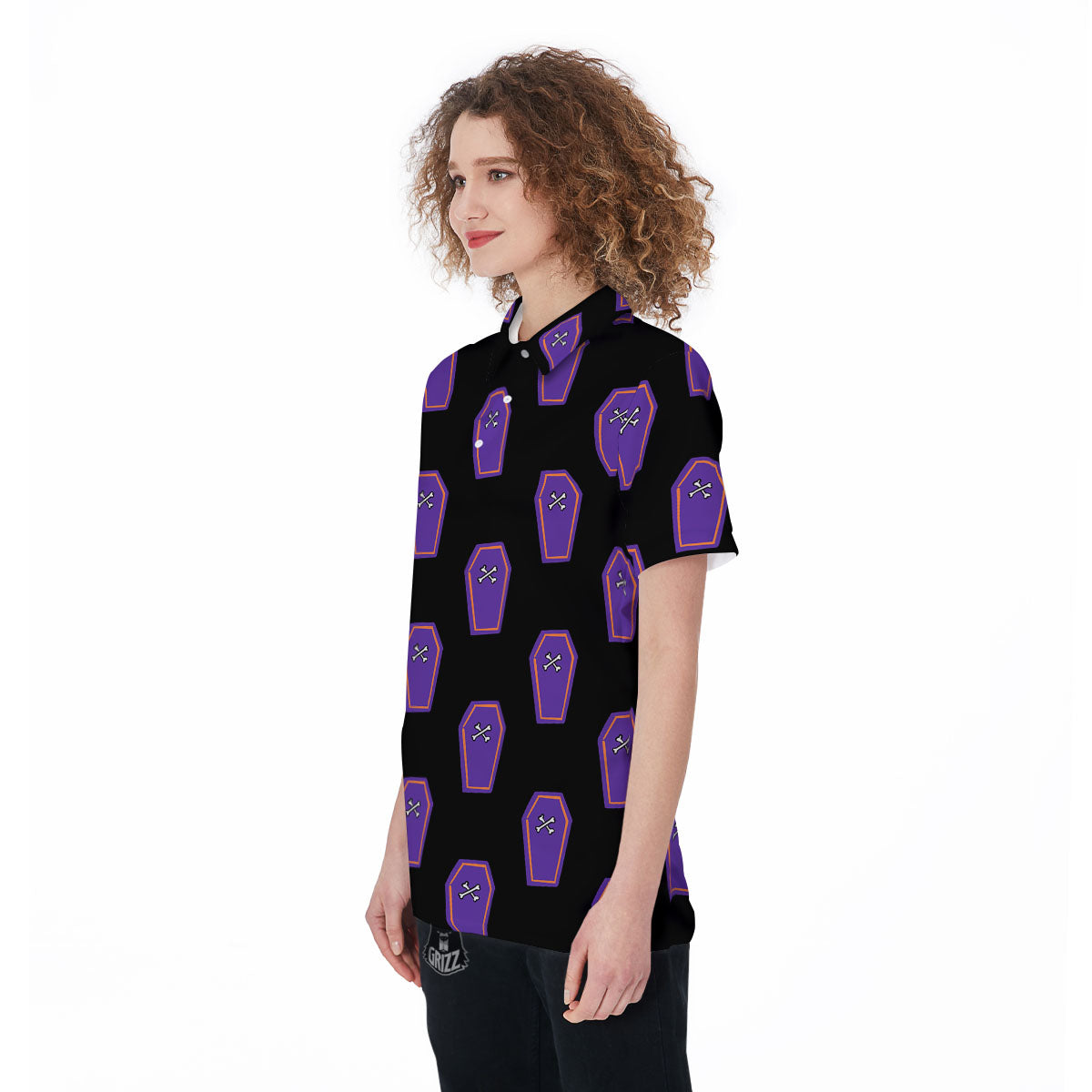 Halloween Coffin Purple Print Pattern Women's Golf Shirts-grizzshop