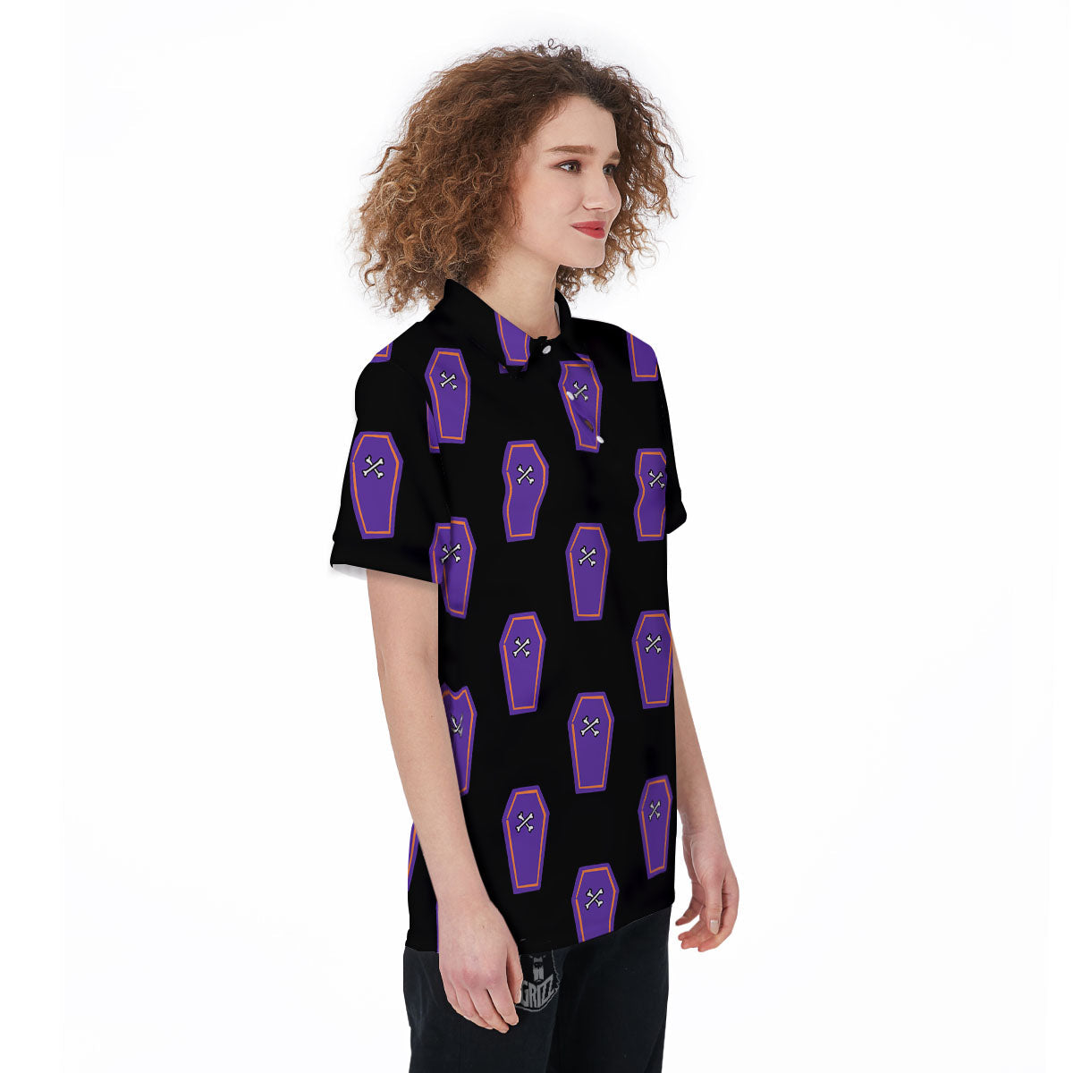Halloween Coffin Purple Print Pattern Women's Golf Shirts-grizzshop