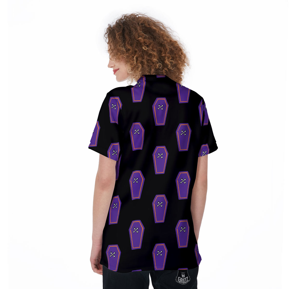 Halloween Coffin Purple Print Pattern Women's Golf Shirts-grizzshop