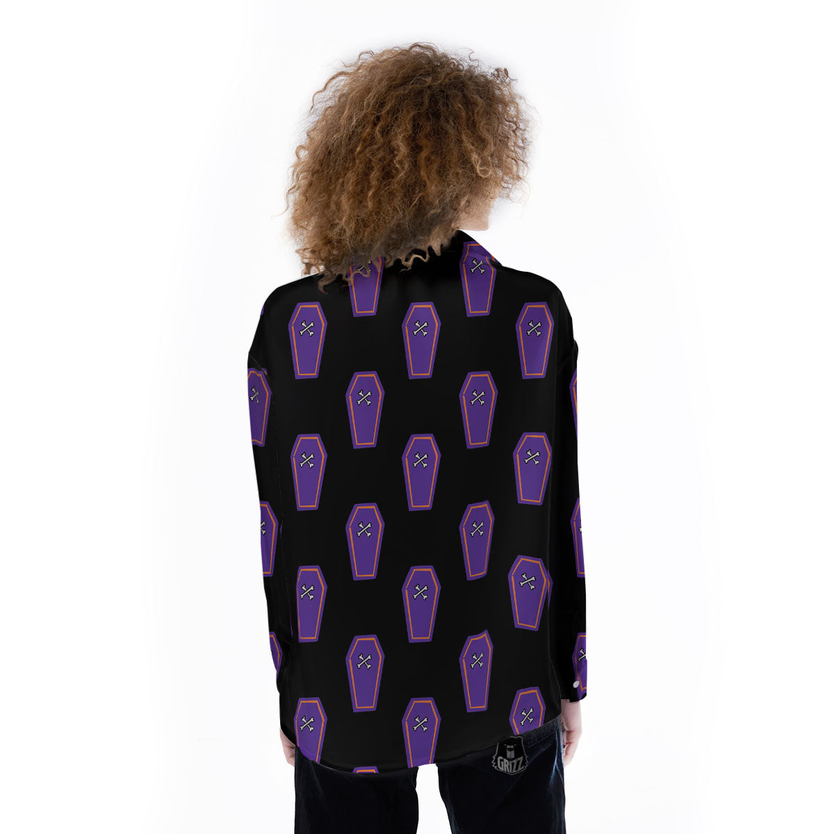 Halloween Coffin Purple Print Pattern Women's Long Sleeve Shirts-grizzshop