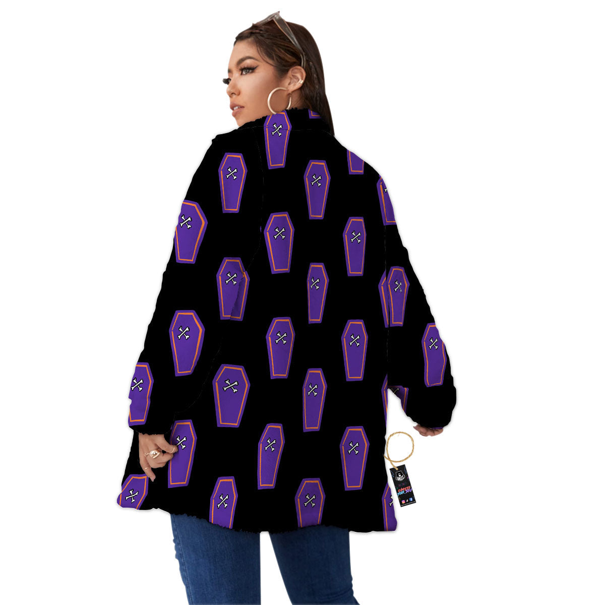Halloween Coffin Purple Print Pattern Women's Sherpa Jacket-grizzshop