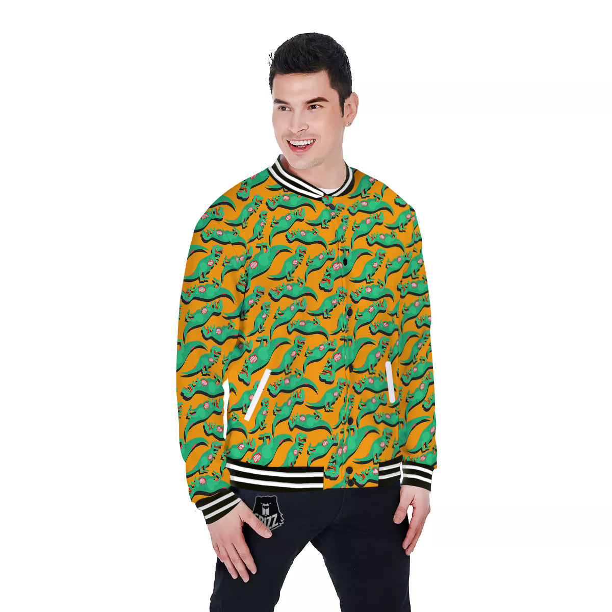 Halloween Cute Dino Print Pattern Baseball Jacket-grizzshop