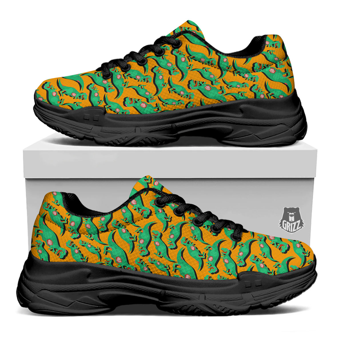 Halloween Cute Dino Print Pattern Black Chunky Shoes-grizzshop