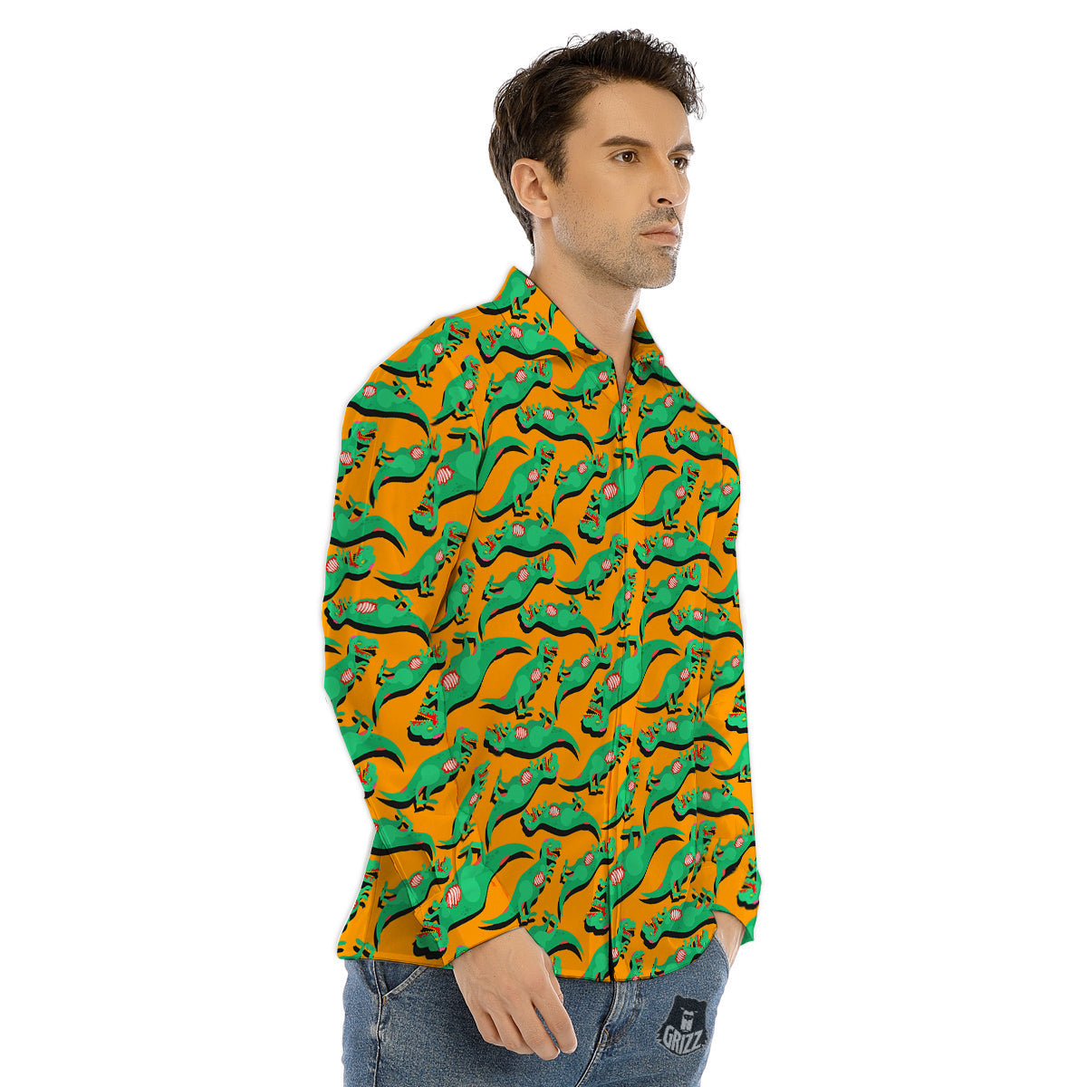 Halloween Cute Dino Print Pattern Men's Dress Shirts-grizzshop