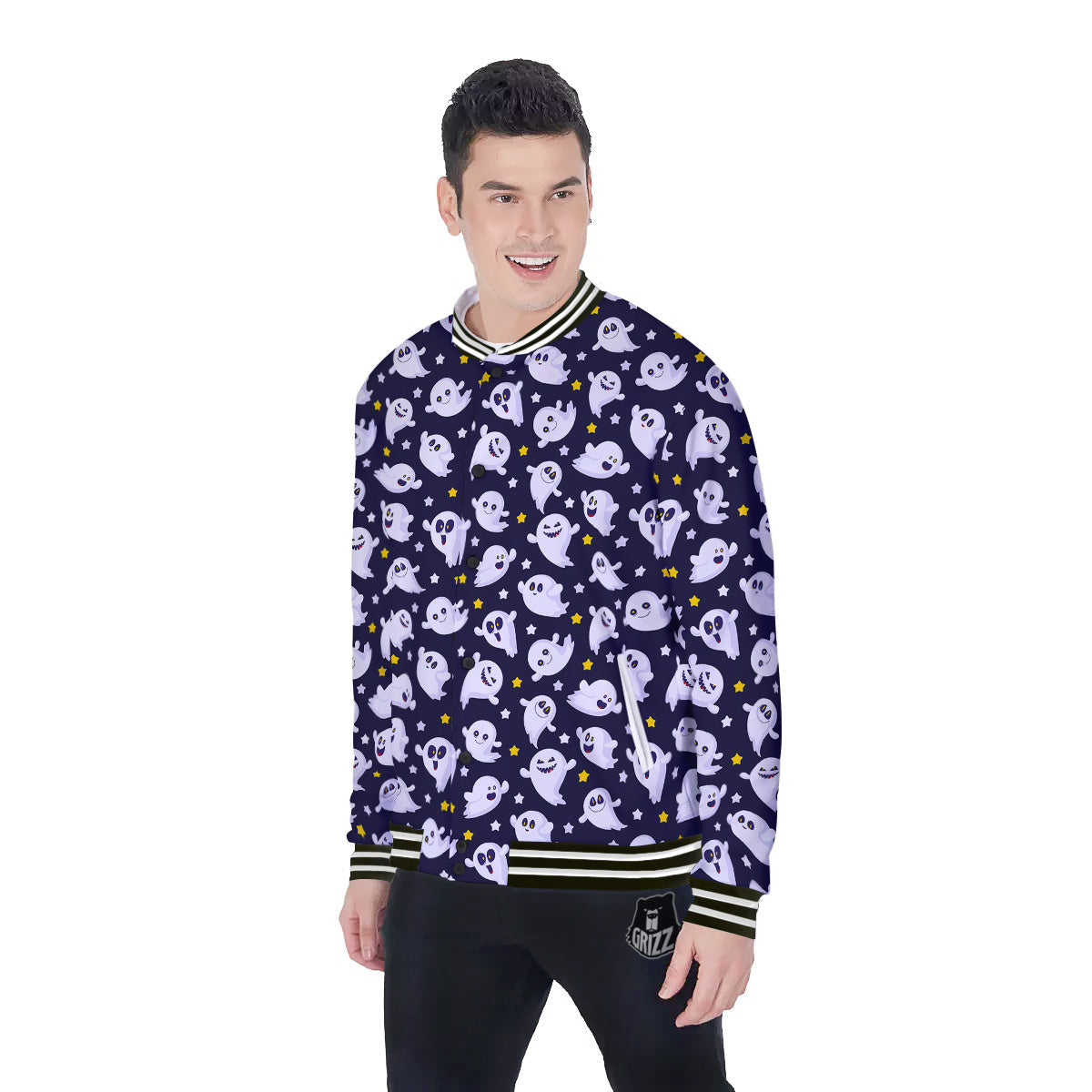 Halloween Cute Ghost Emoji Print Pattern Baseball Jacket-grizzshop