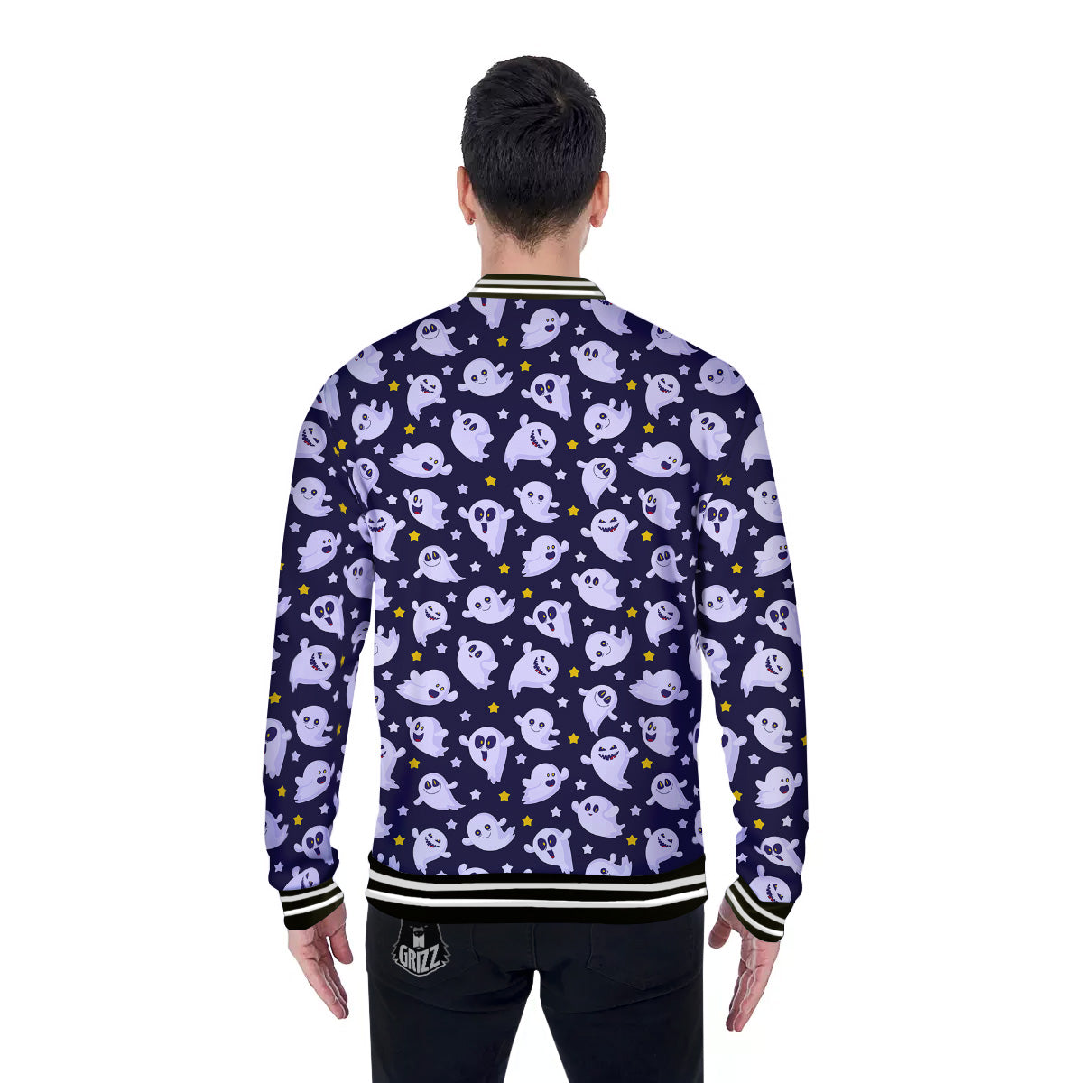 Halloween Cute Ghost Emoji Print Pattern Baseball Jacket-grizzshop