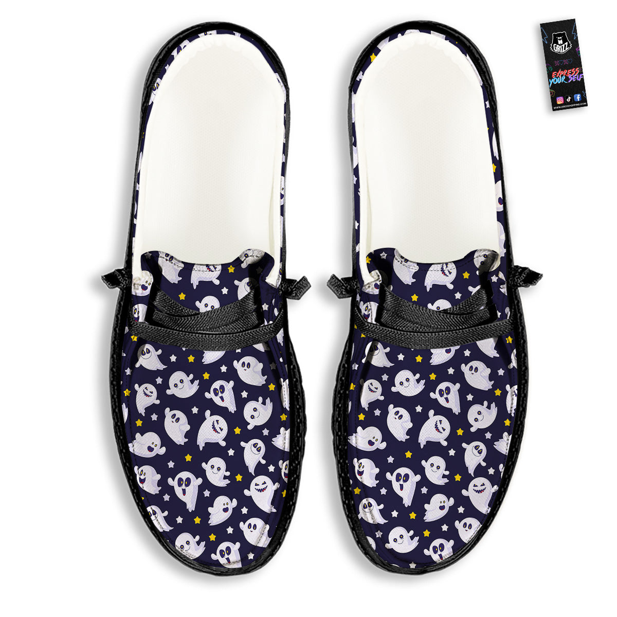 Halloween Cute Ghost Emoji Print Pattern Black Loafers-grizzshop
