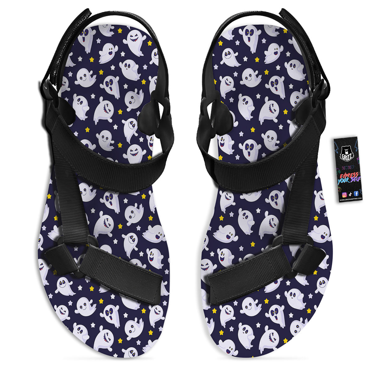 Halloween Cute Ghost Emoji Print Pattern Black Open Toe Sandals-grizzshop