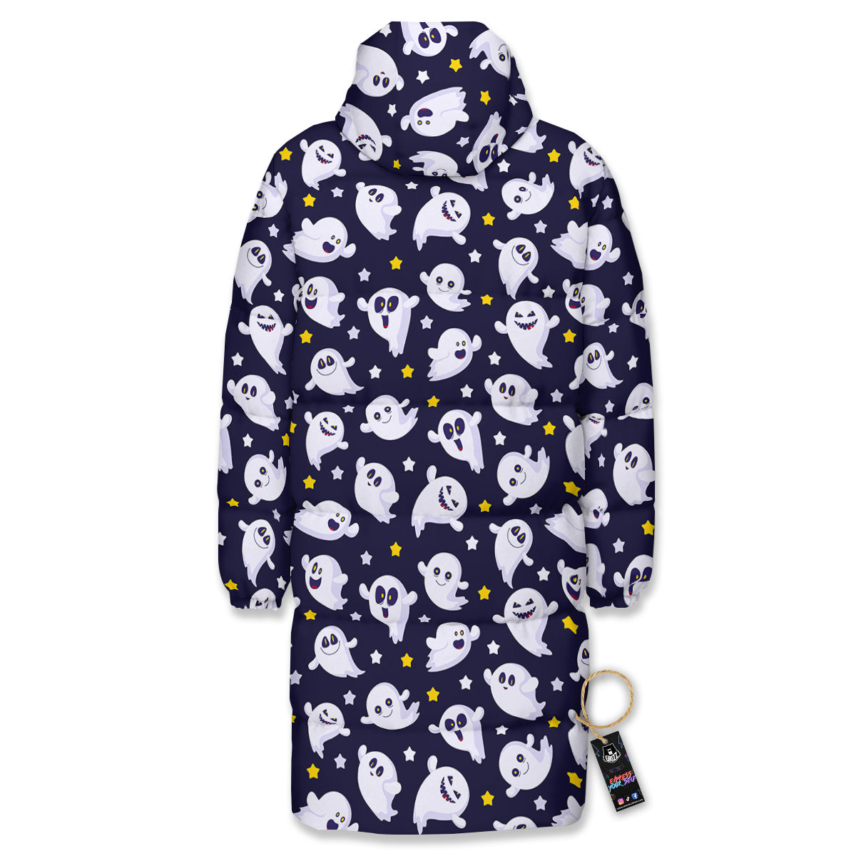 Halloween Cute Ghost Emoji Print Pattern Long Down Jacket-grizzshop