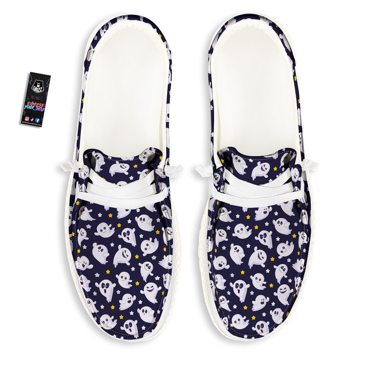 Halloween Cute Ghost Emoji Print Pattern White Loafers-grizzshop