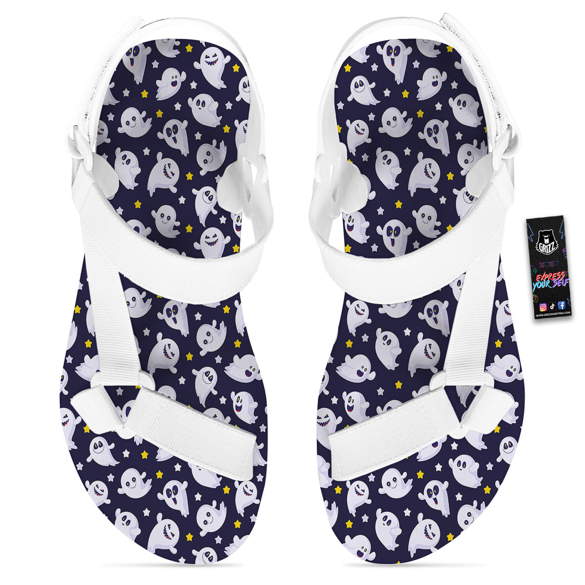 Halloween Cute Ghost Emoji Print Pattern White Open Toe Sandals-grizzshop