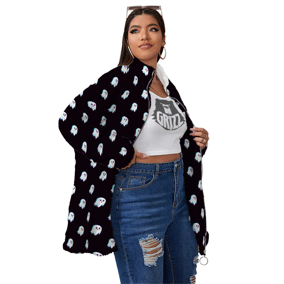 Halloween Ghost Little Print Pattern Women's Sherpa Jacket-grizzshop
