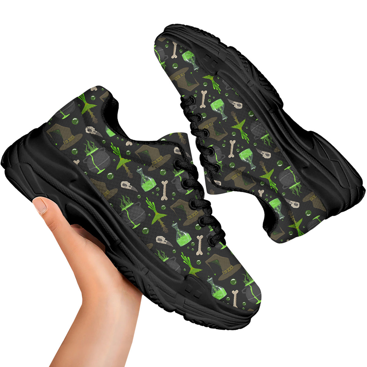 Halloween Green Poison Witch Print Pattern Black Chunky Shoes-grizzshop