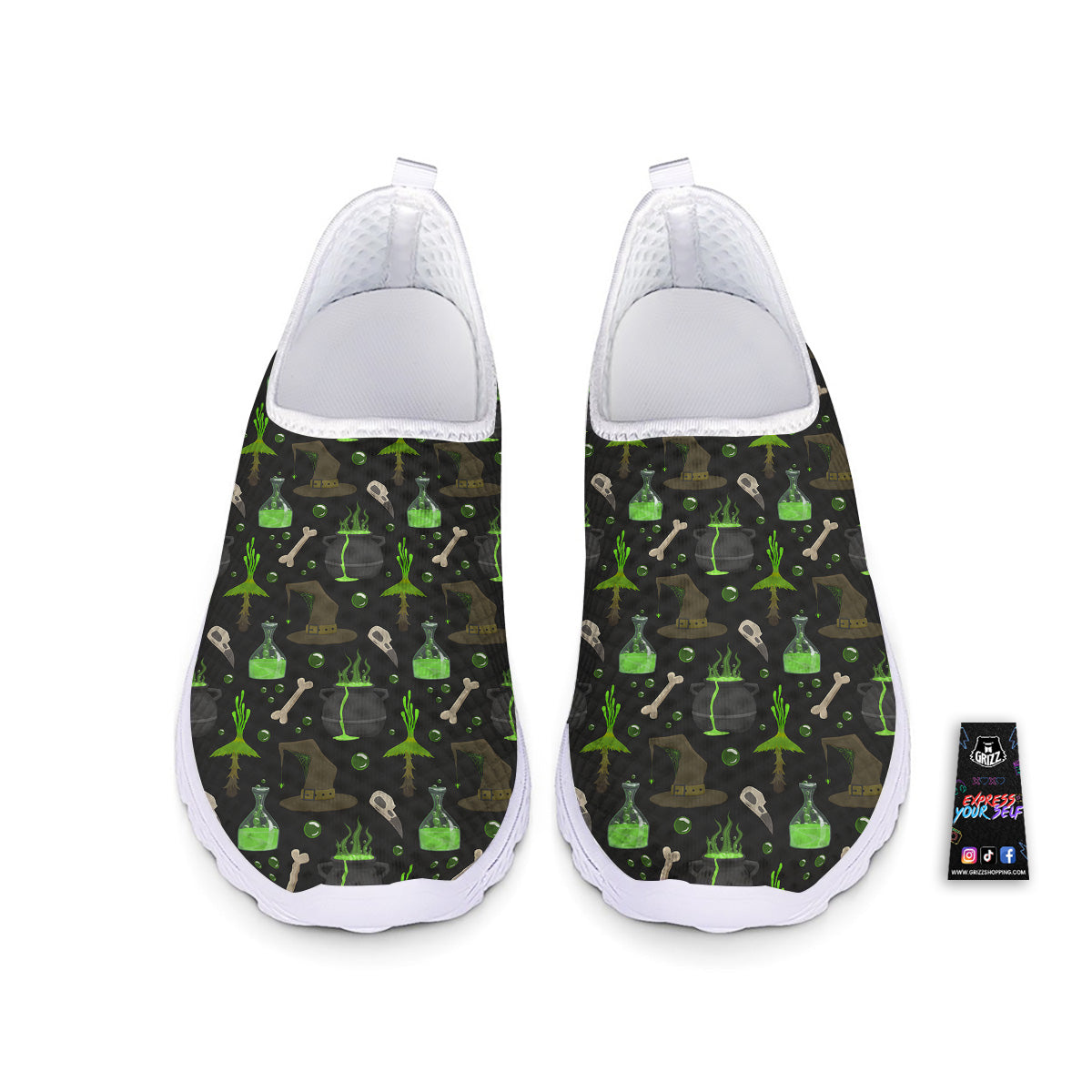 Halloween Green Poison Witch Print Pattern Nurse Shoes-grizzshop