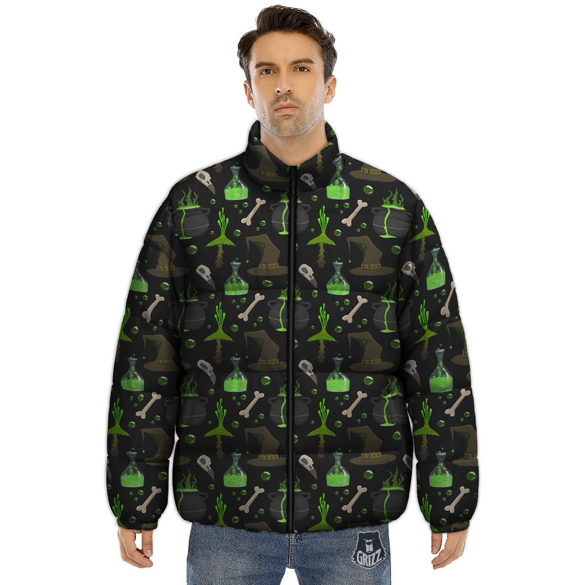Halloween Green Poison Witch Print Pattern Puffer Jacket-grizzshop