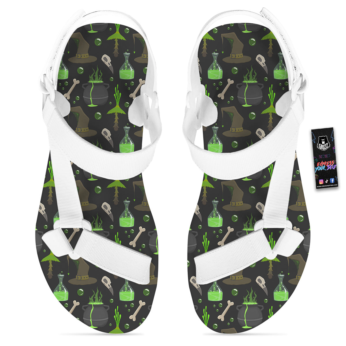 Halloween Green Poison Witch Print Pattern White Open Toe Sandals-grizzshop