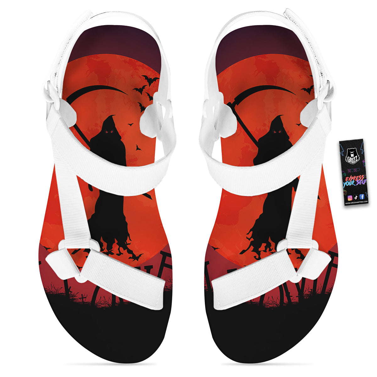 Halloween Grim Reaper Print White Open Toe Sandals-grizzshop
