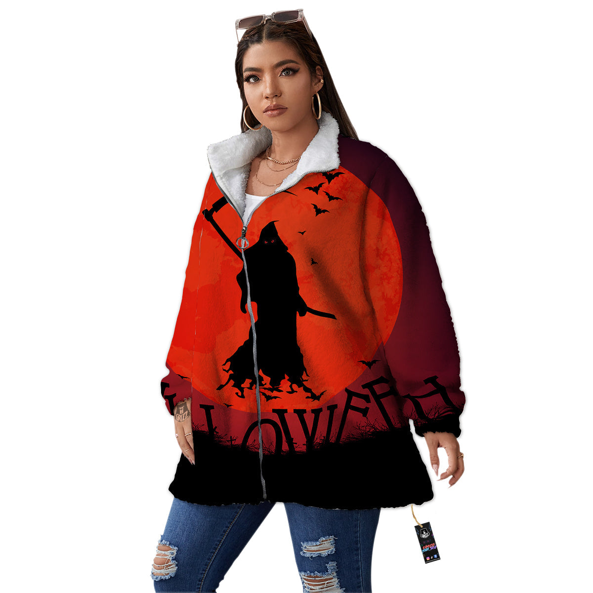 Halloween Grim Reaper Print Women's Sherpa Jacket-grizzshop