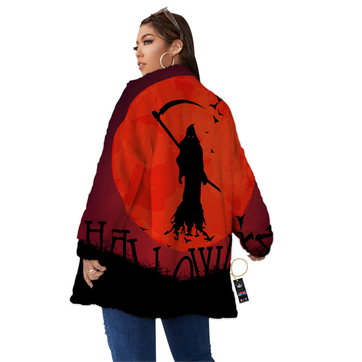Halloween Grim Reaper Print Women's Sherpa Jacket-grizzshop