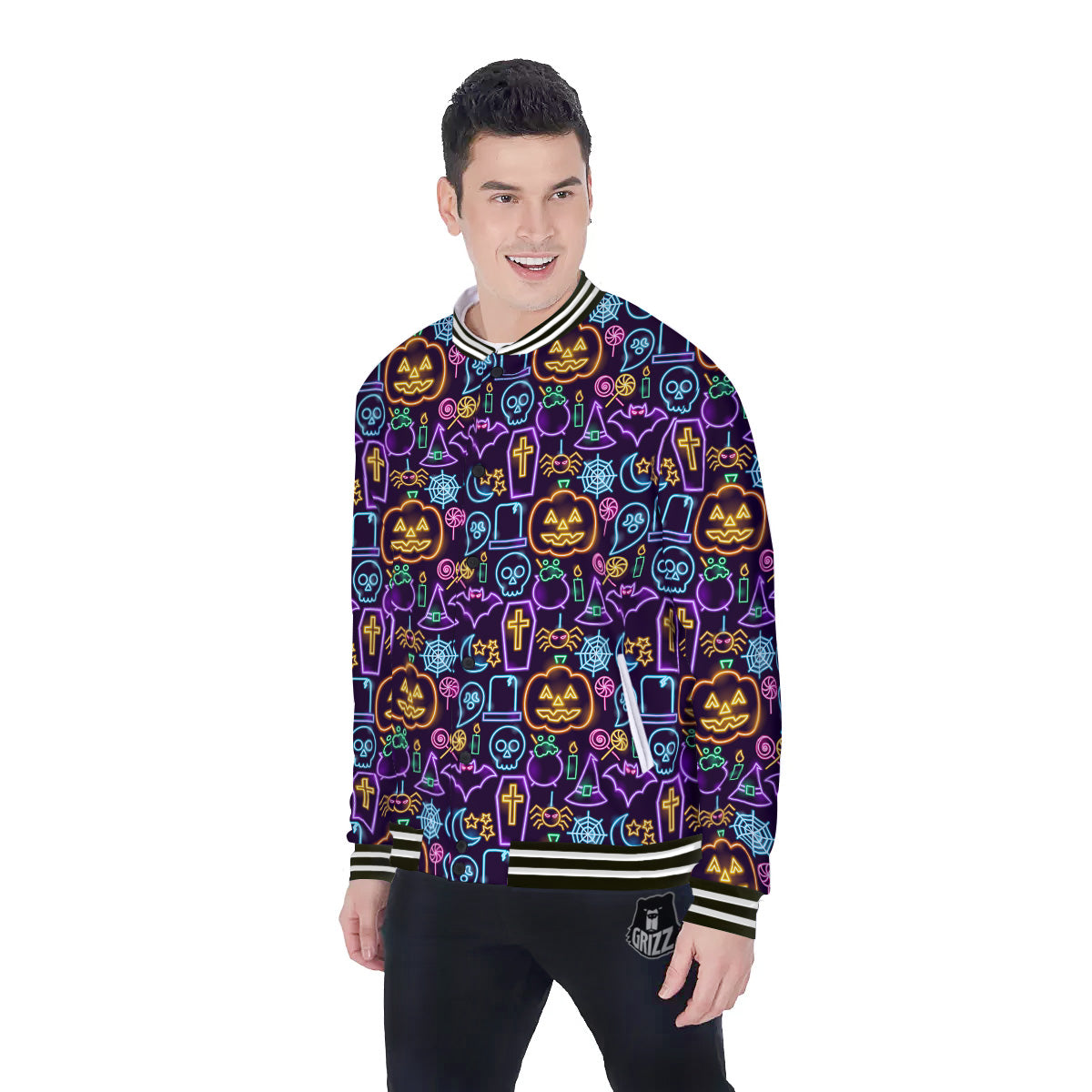 Halloween Neon Cute Print Pattern Baseball Jacket-grizzshop