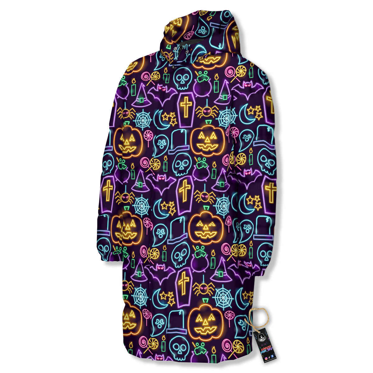 Halloween Neon Cute Print Pattern Long Down Jacket-grizzshop