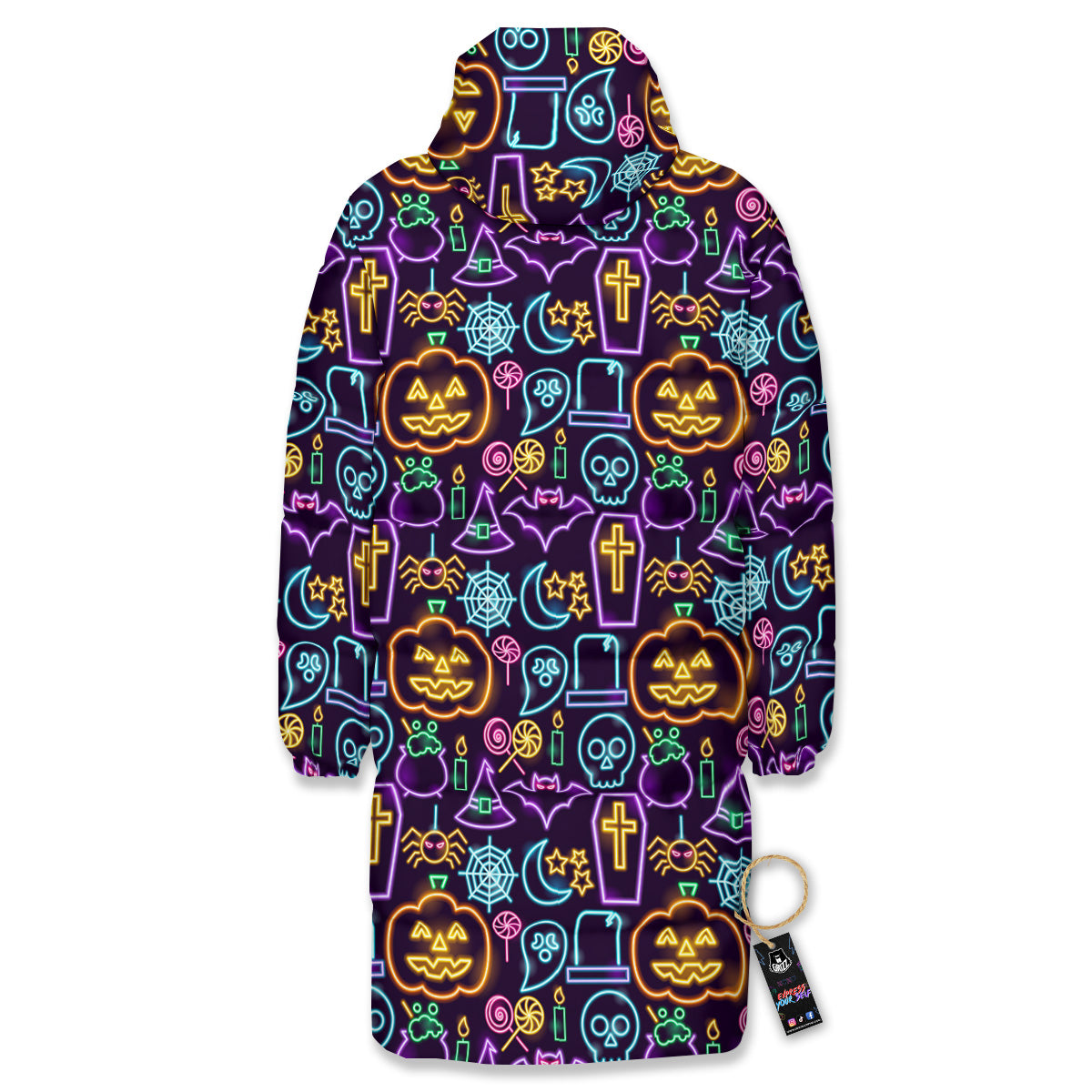 Halloween Neon Cute Print Pattern Long Down Jacket-grizzshop