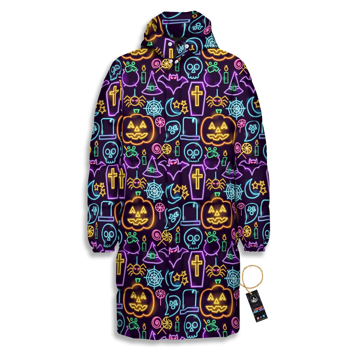 Halloween Neon Cute Print Pattern Long Down Jacket-grizzshop