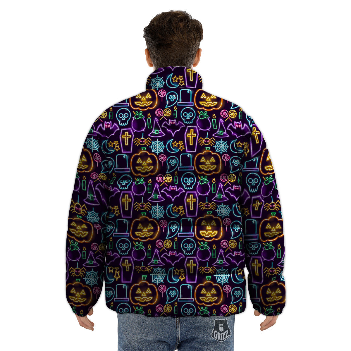 Halloween Neon Cute Print Pattern Puffer Jacket-grizzshop