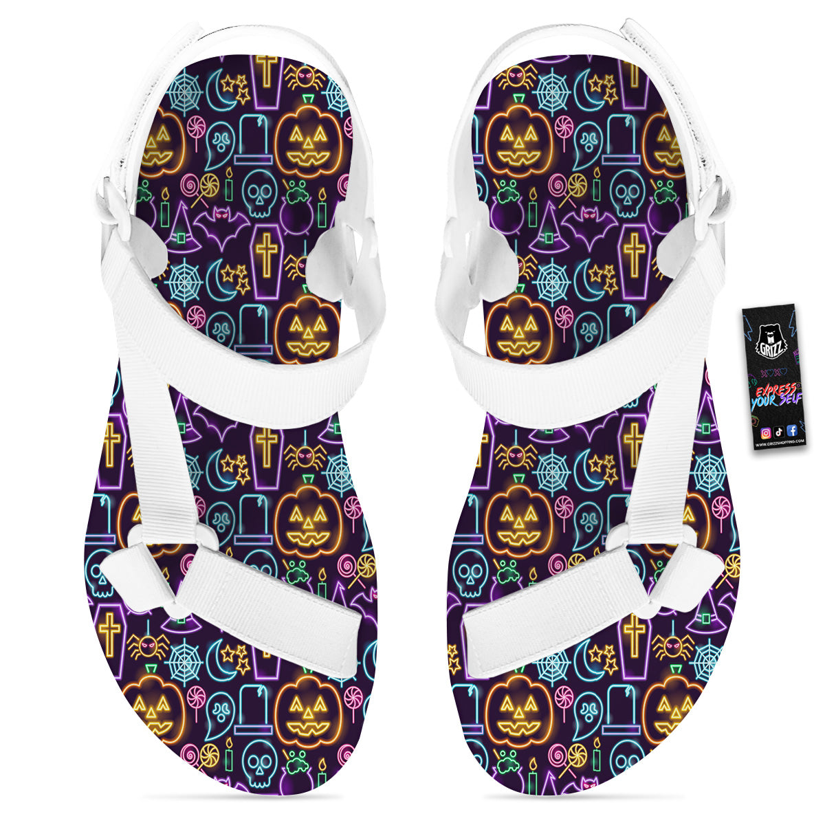Halloween Neon Cute Print Pattern White Open Toe Sandals-grizzshop