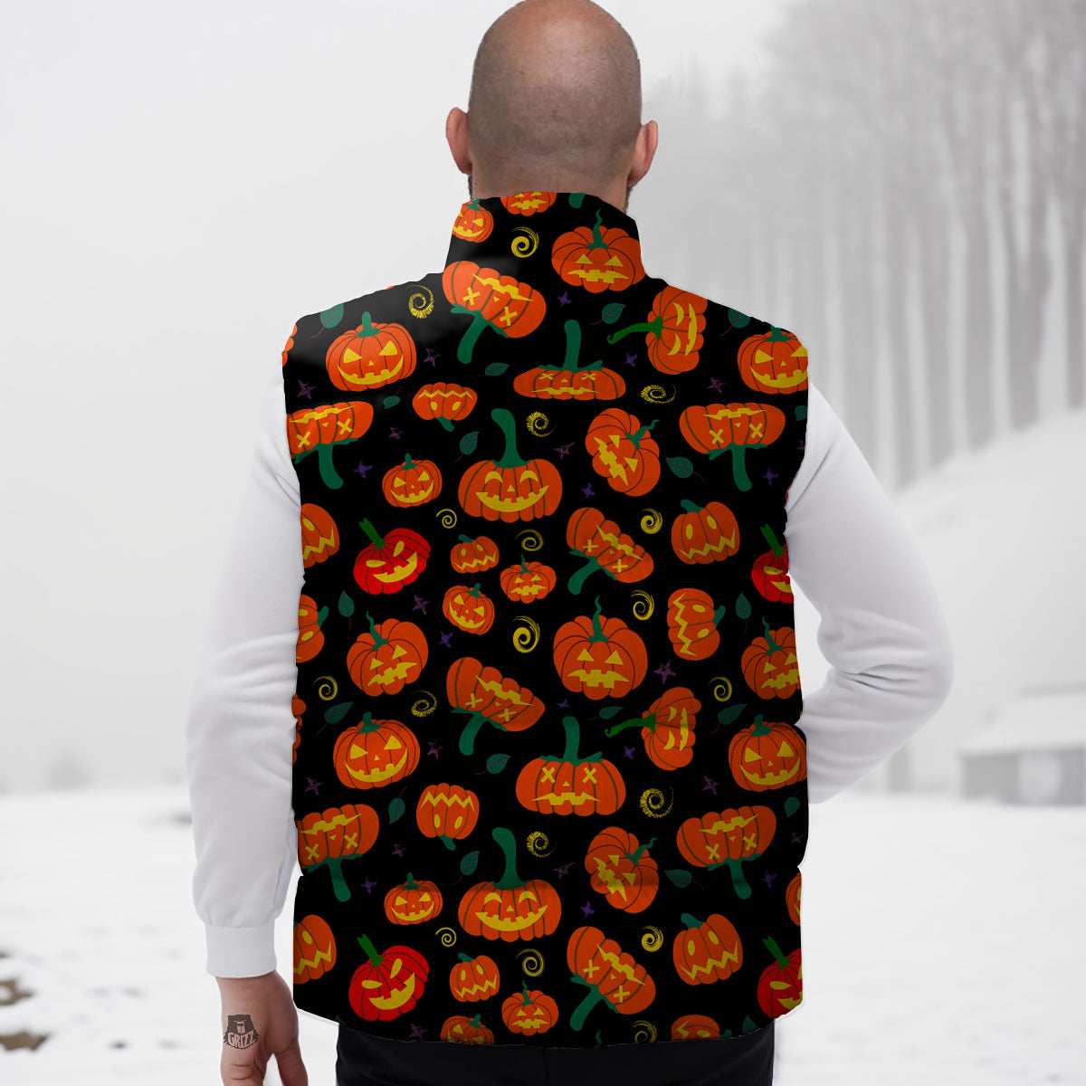 Halloween Pumpkin Print Pattern Down Vest-grizzshop