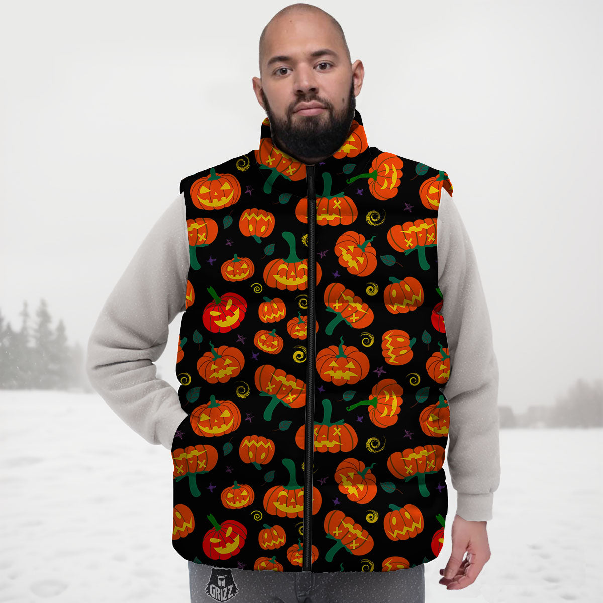 Halloween Pumpkin Print Pattern Down Vest-grizzshop