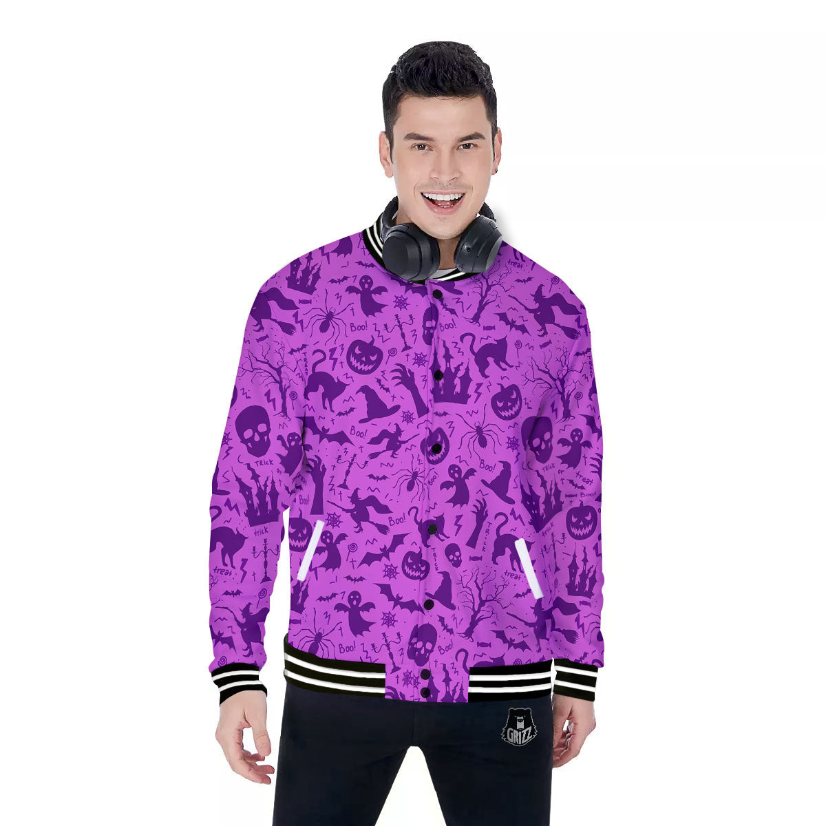 Halloween Purple Print Pattern Baseball Jacket-grizzshop