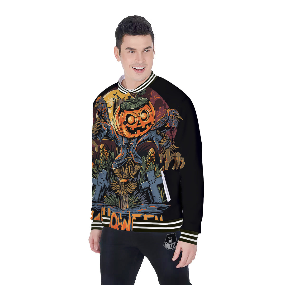 Halloween Scarecrow Print Baseball Jacket-grizzshop