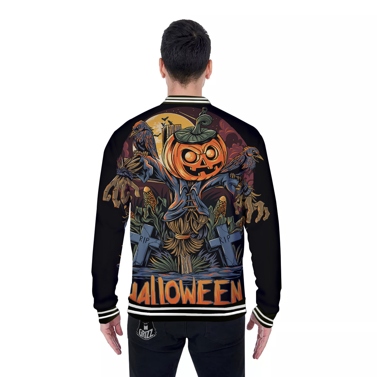 Halloween Scarecrow Print Baseball Jacket-grizzshop