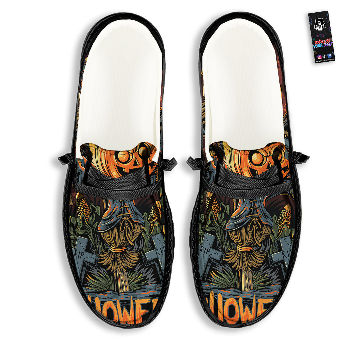 Halloween Scarecrow Print Black Loafers-grizzshop