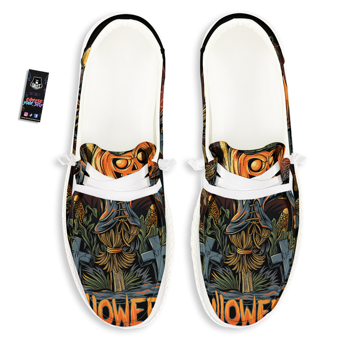 Halloween Scarecrow Print White Loafers-grizzshop