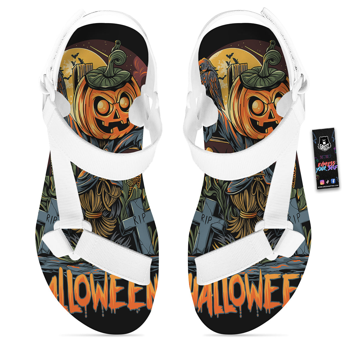 Halloween Scarecrow Print White Open Toe Sandals-grizzshop