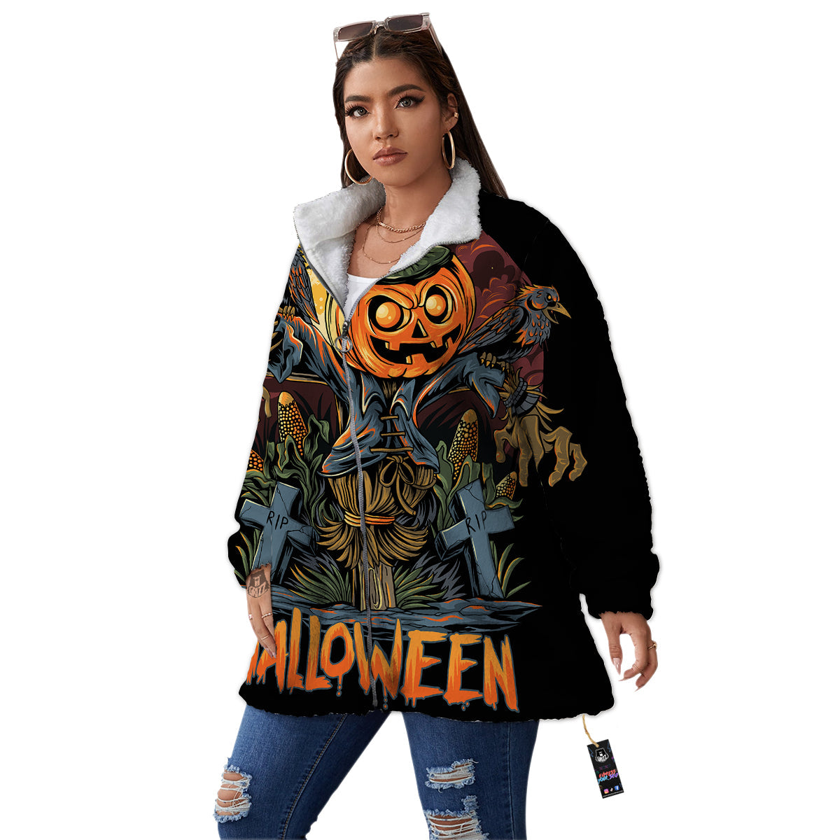 Halloween Scarecrow Print Women's Sherpa Jacket-grizzshop