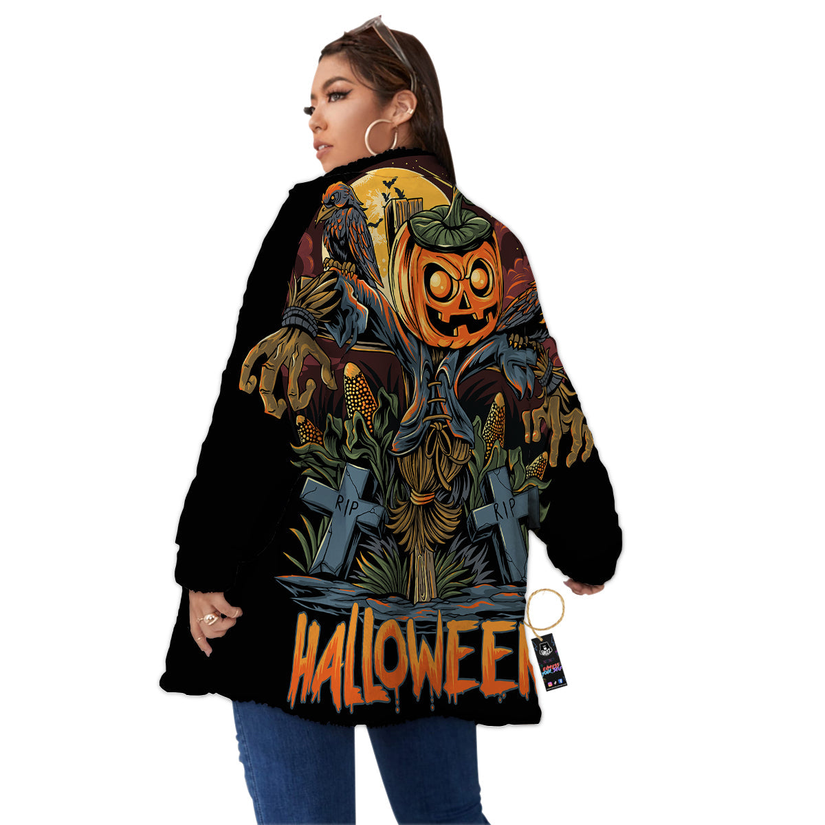 Halloween Scarecrow Print Women's Sherpa Jacket-grizzshop