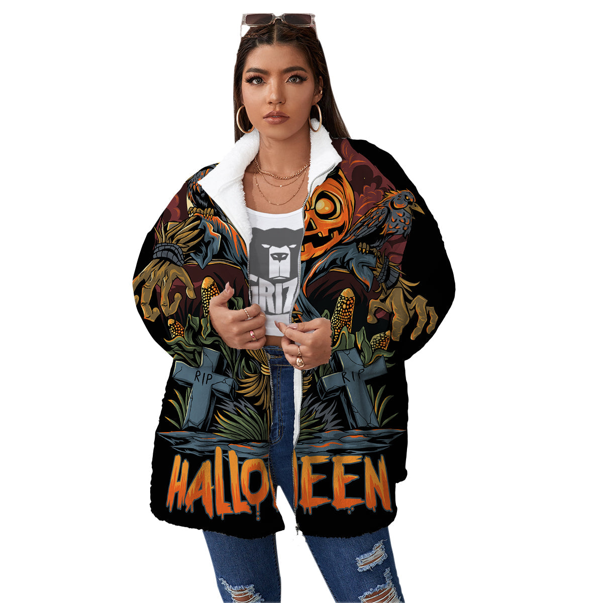 Halloween Scarecrow Print Women's Sherpa Jacket-grizzshop