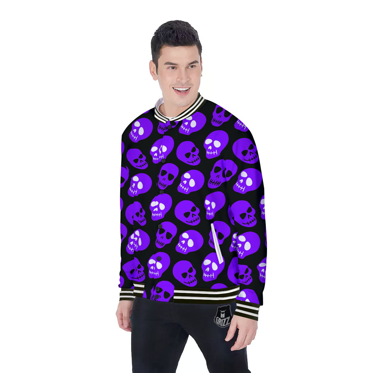 Halloween Skull Black And Purple Print Baseball Jacket-grizzshop