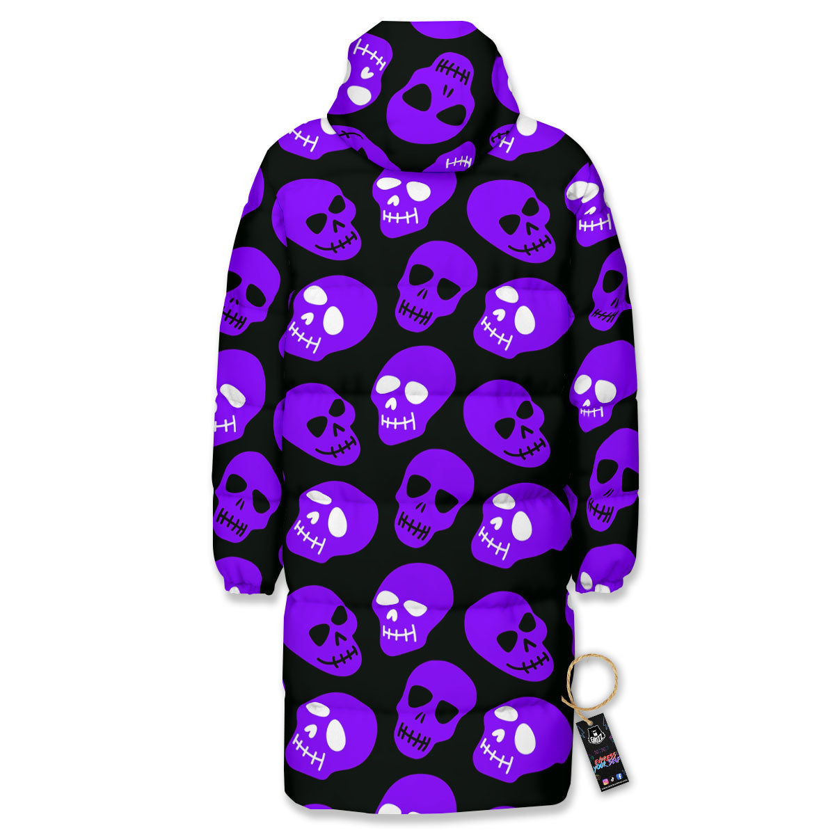 Halloween Skull Black And Purple Print Long Down Jacket-grizzshop