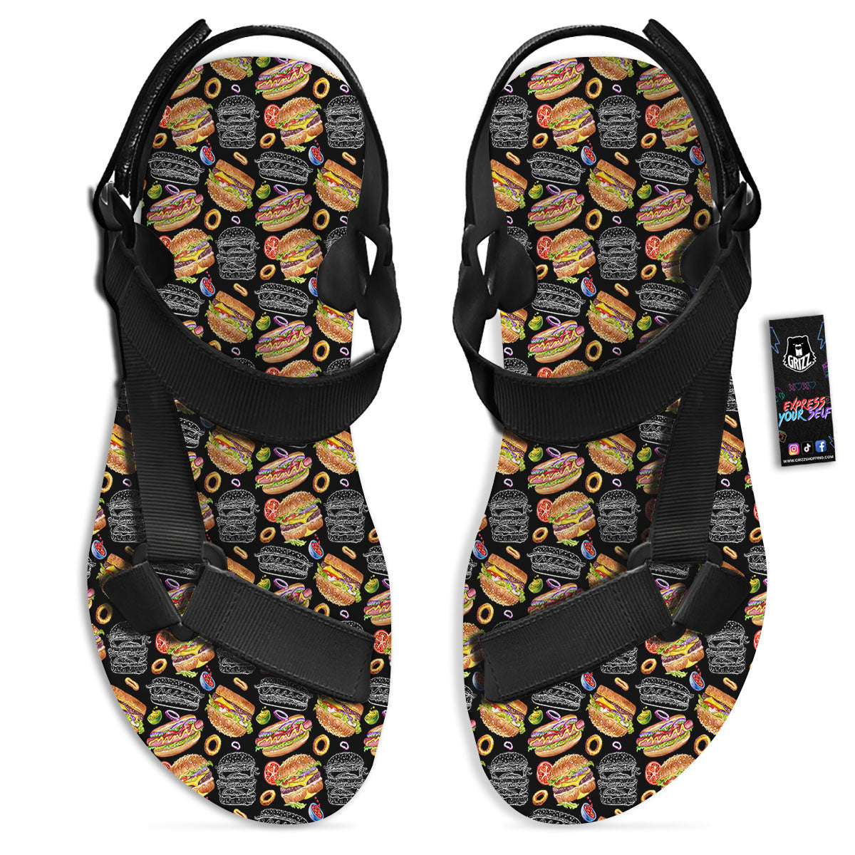 Hamburger And Hot Dog Print Pattern Black Open Toe Sandals-grizzshop