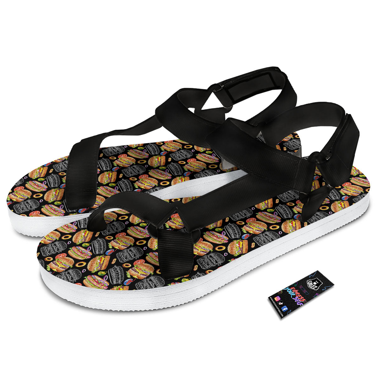 Hamburger And Hot Dog Print Pattern Black Open Toe Sandals-grizzshop