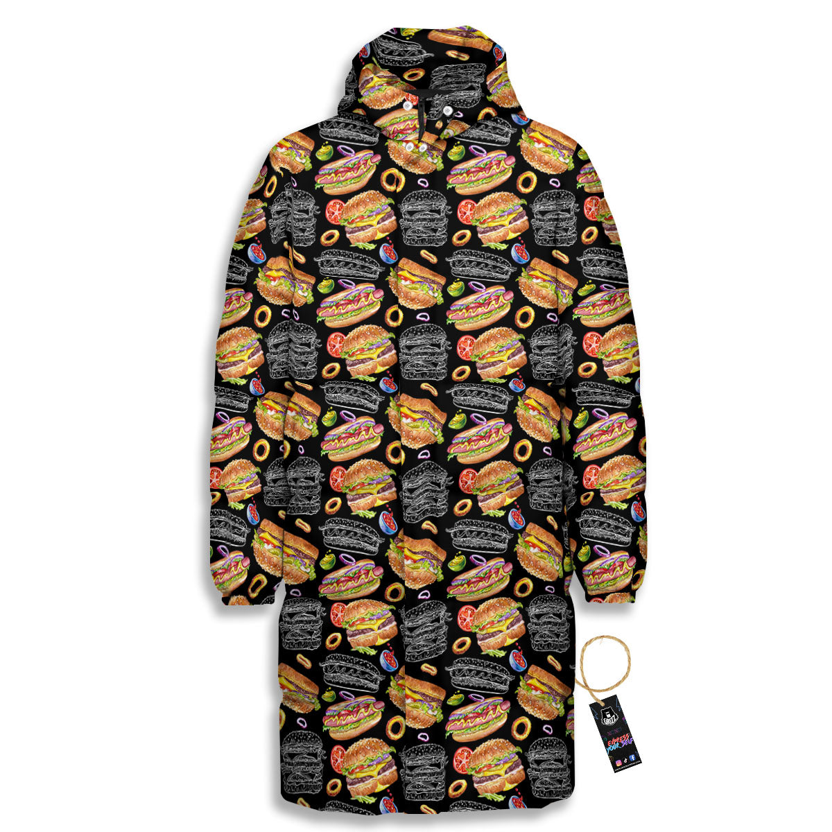 Hamburger And Hot Dog Print Pattern Long Down Jacket-grizzshop